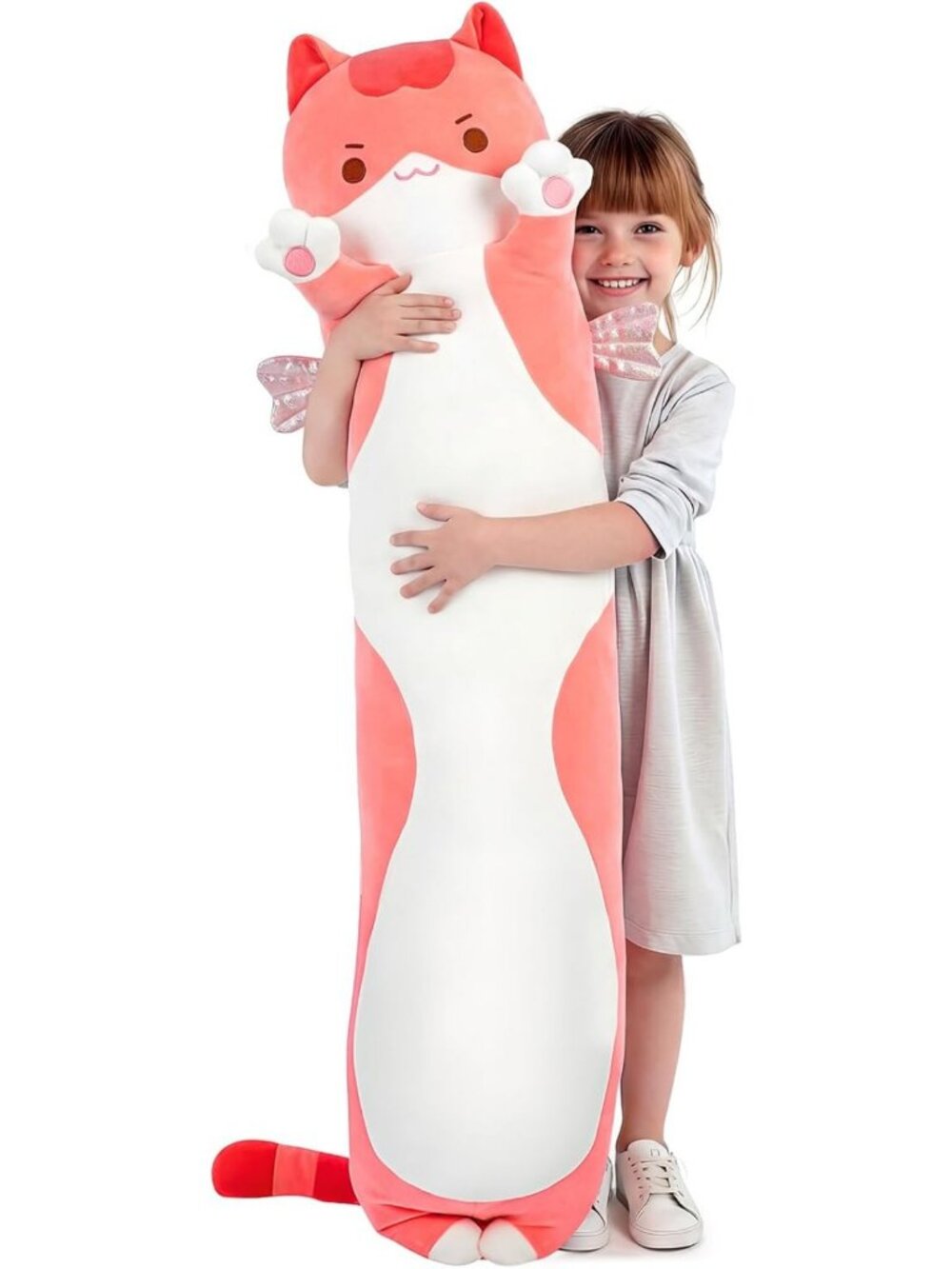 Soft Pink Long Cat Plush Body Pillow for Kids - 53" Extra Filling, Cute & Cozy